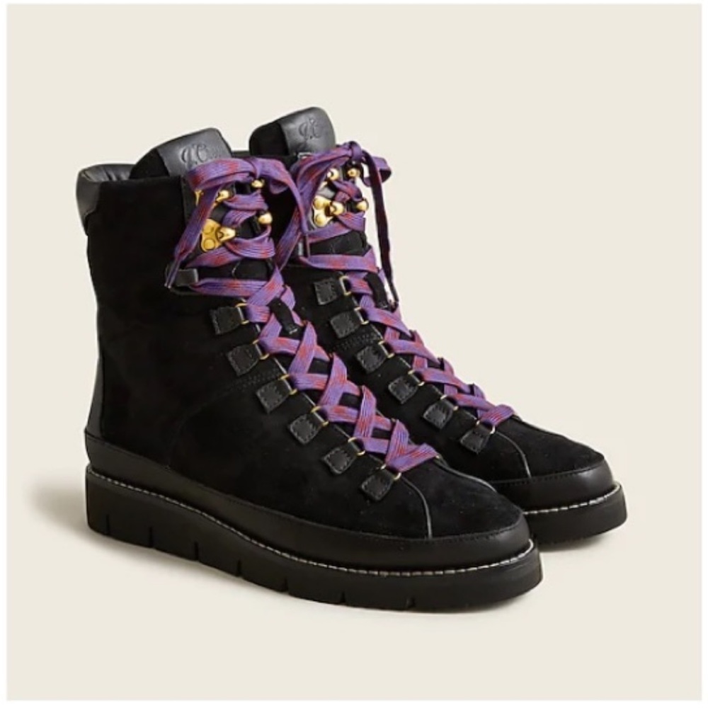 J Crew Elsa boots - Black Suede Purple Laces